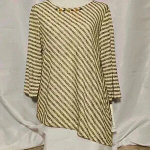 Alfred Dunner Petite Womens Knit  Asymmetric Top Cream Green Gold Size PM